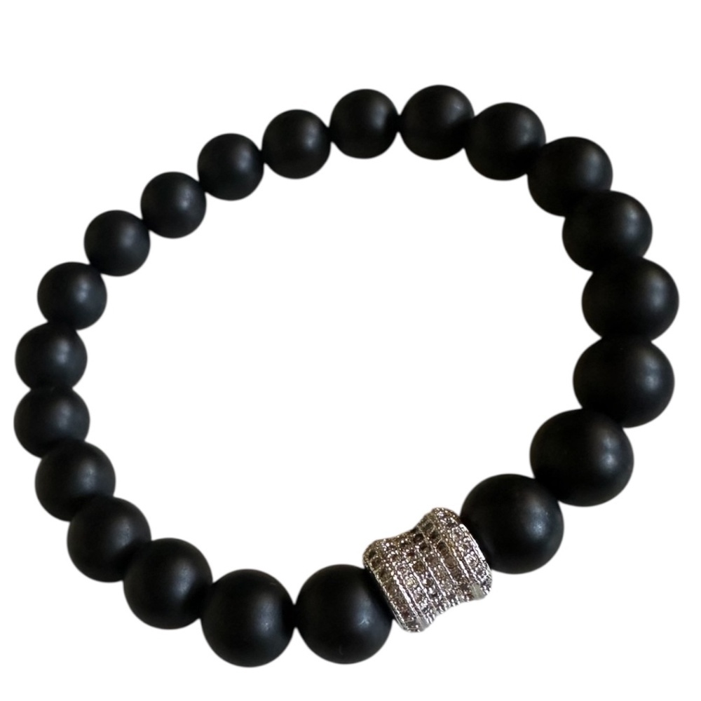 CLASSIC 8mm Matte Onyx Stretch Bracelet Black Silver Pavé Barrel Spacer 6–7”